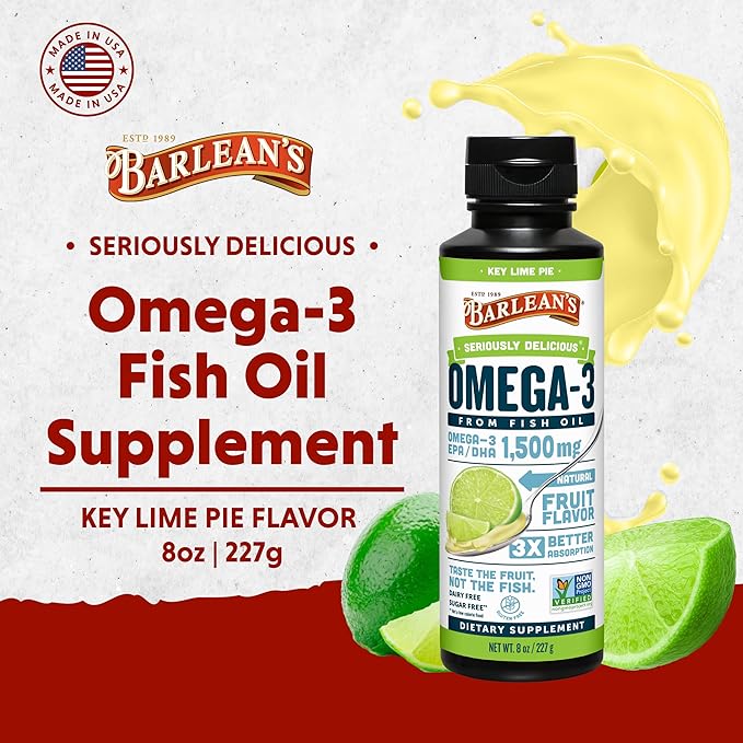 Barlean's Key Lime Pie High Potency Omega 3 Fish Oil Liquid Supplement, 1500mg of EPA& DHA Fatty Acid, Smoothie Flavored & Burpless for Brain, Joint, & Heart Health, 8 oz