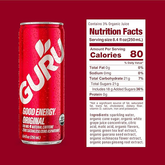 GURU Original Organic Energy Drinks, Clean Energy Drink with Plant Based Natural Caffeine from Green Tea, Gluten Free and Vegan, 100MG Caffeine, Healthy Drinks, 8.4oz (Pack of 24)