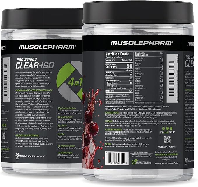 MusclePharm Pro Series Clear-ISO, Clear Protein Powder, 20g Fast-Acting Whey Isolate per Serving Plus BCAAs & L Glutamine | Pro-Grade Muscle Recovery & Growth | Cherry Slush, 1.14 lb, 20 Servings