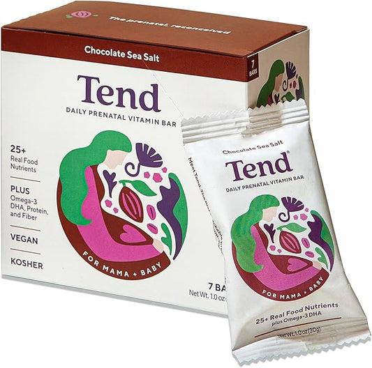 Tend Daily Best Prenatal Vitamin Bar, Made with Organic Ingredients for Pregnant & Postpartum Mothers, Includes DHA, Vitamin D, B, Choline, Folate - Chocolate Sea Salt (7ct)