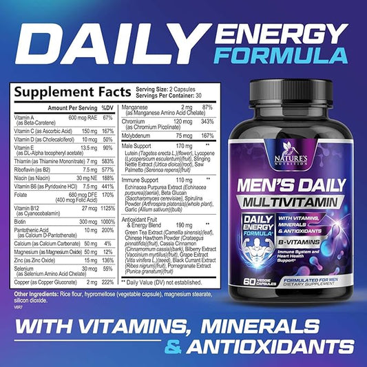 Multivitamin for Men - Vitamin A, C, D, E, Zinc, Calcium, Multivitamins for Immune Health Support, Vitamin B12, Men’s Daily Multivitamin Supplement Capsules, Non-GMO Mens Multi Vitamins - 60 Capsules