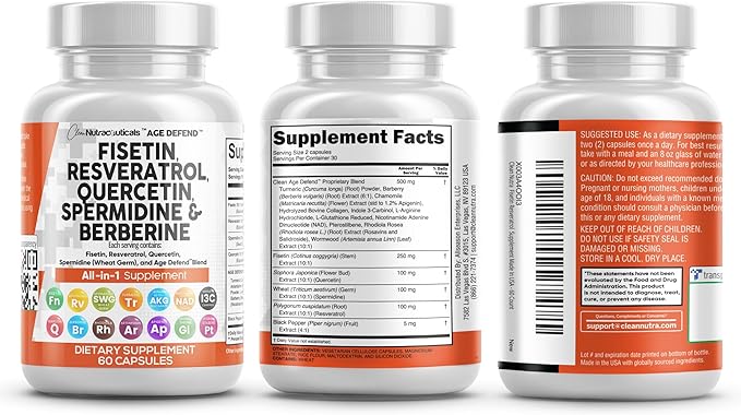 Clean Nutraceuticals Fisetin Quercetin Resveratrol with Spermidine Wheat Germ Extract - Health Supplement for Adults Longevity with Berberine, Collagen, Rhodiola, Apigenin