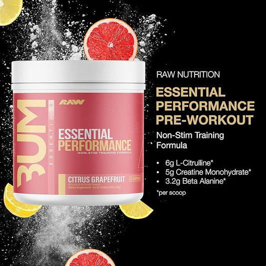 RAW Essential Performance Non-Stim Pre-Workout Powder - Preworkout for Endurance Strength & Focus without Caffeine or Stimulants - Creatine Monohydrate, L-Citrulline & Beta Alanine - Citrus Grapefruit