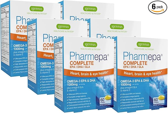 Igennus Pharmepa Complete EPA 668mg & DHA 334mg Omega-3 Fatty Acids 1000mg, IFOS Certified, rTG Form, High Potency Fish Oil Plus Omega-6 & 9 from GLA Evening Primrose Oil, Lemon Flavor, 360 Softgels
