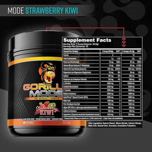 Gorilla Mind Pre Workout - Massive Pumps Laser Focus Energy Power - L-Citrulline, Creatine, L-Tyrosine, Betaine, Hydroprime, Alpha-GPC, 400mg Caffeine, Huperzine A 816g (Strawberry Kiwi)