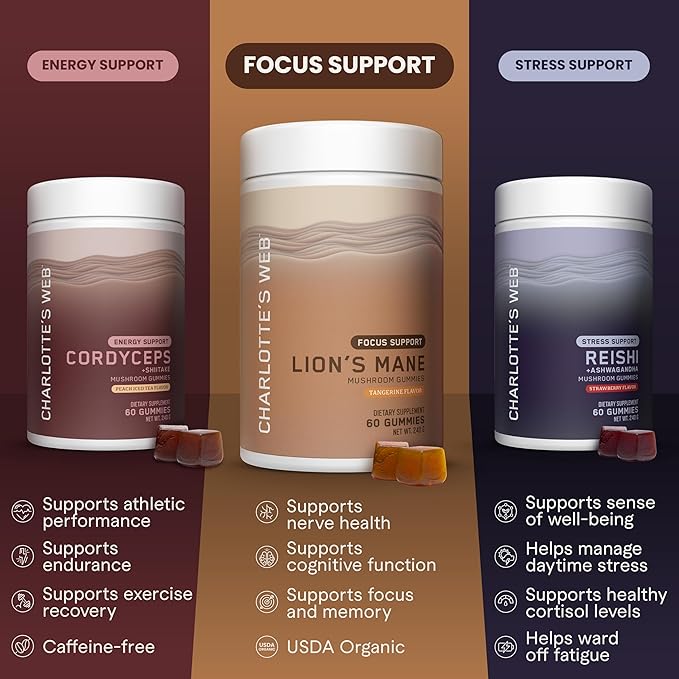 Charlotte's Web Focus Support Mushroom Gummies for Focus and Energy w/Lion’s Mane, Natural Cognitive Support Lions Mane Gummies for Adults — Tangerine Flavor (30 Servings)