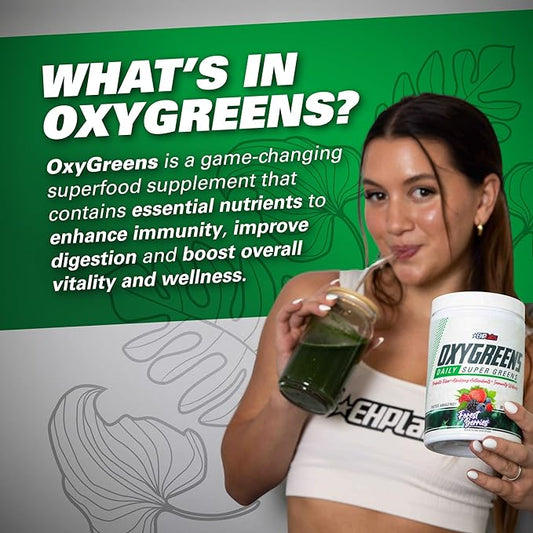 EHP Labs OxyGreens Super Greens Powder – Daily Greens & Superfood Supplement with Spirulina, Chlorella, Prebiotics, Digestive Enzymes, Antioxidants – 30 Servings (Forest Berries)