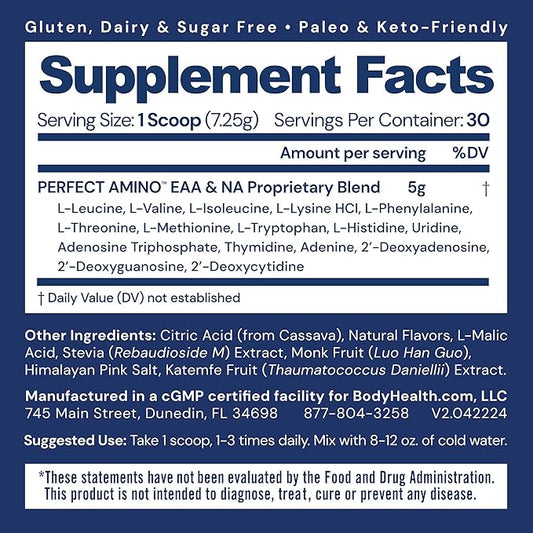 BodyHealth PerfectAmino Powder - BCAA and EAA Powder for Pre and Post Workout - Amino Acid Energy Drink for Men and Women to Support Lean Muscle and Recovery - Strawberry - 30 Servings