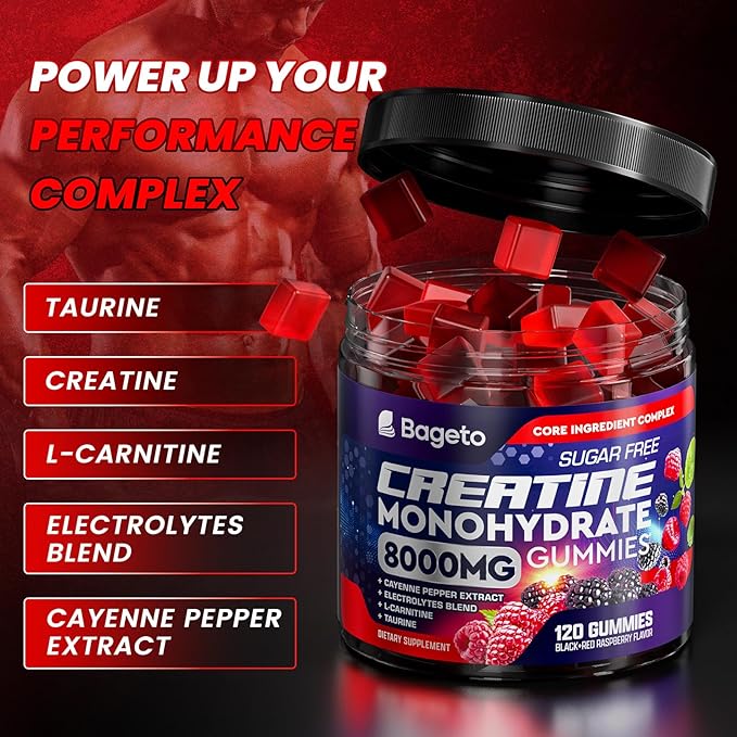 Creatine Monohydrate Gummies Complex 8000mg with L-Carnitine, Electrolyte & Taurine, Flavored and Chewable Creatine for Muscle Growth, Energy & Strength, Pre-Workout Gummies for Men and Women 120pcs