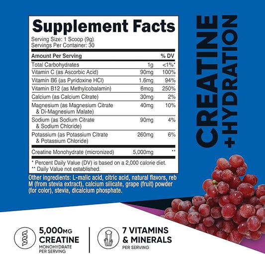 Nutricost Creatine Monohydrate + Hydration Grape Flavored (30 Servings) - 7 Vitamins & Minerals, 5000mg of Creatine Per Serving