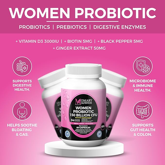 9 in 1 Bio Cultures Complex for Women, 150 Billion CFU Probiotics | 34 Diverse Strains | Organic Prebiotics | Postbiotics | Digestive Enzymes | Biotin, Supports Digestive Health, Colon & Immune Health