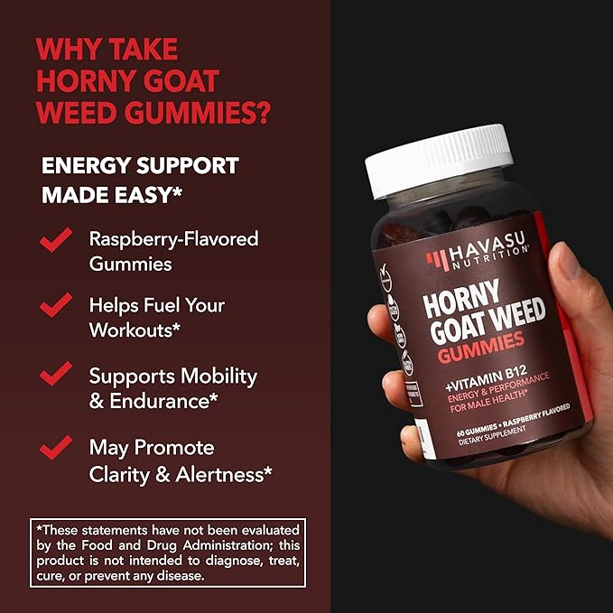 Horny Goat Weed Gummies with Vitamin B12 - Energy, Endurance & Performance Support for Male Health - 60 Count - Vegetarian-Friendly, Non-GMO, Pectin-Based - Raspberry Flavor, 1 Month Supply
