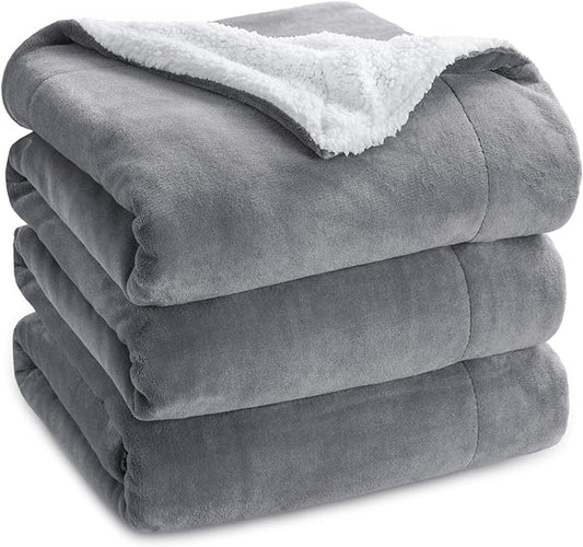 Bedsure GentleSoft Sherpa Fleece Blankets Queen Size for Bed - Thick and Warm, Soft Fuzzy Plush Queen Blanket for Winter, Grey, 90x90 Inches
