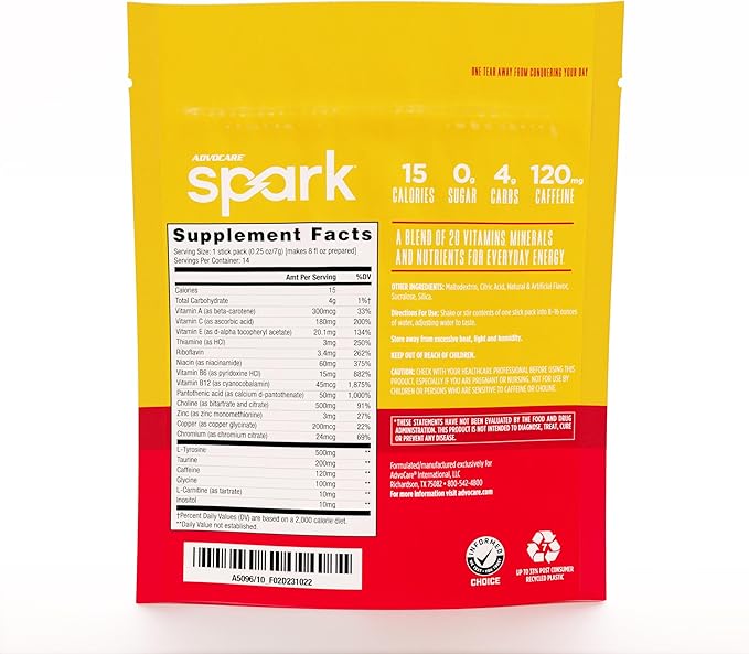 AdvoCare Spark Vitamin & Amino Acid Supplement - Focus & Energy Drink Powder Mix with Vitamin A, B-6, C & E - Also Includes L-Carnitine & L-Tyrosine - Mango Strawberry, 14 Stick Packs