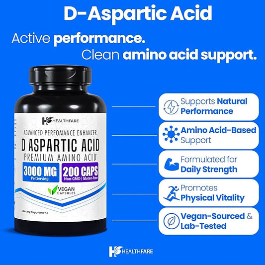 D-Aspartic Acid 3000mg | 200 Vegan Capsules | Premium Amino Acid Supplement | Non-GMO, Gluten-Free | Made in The USA