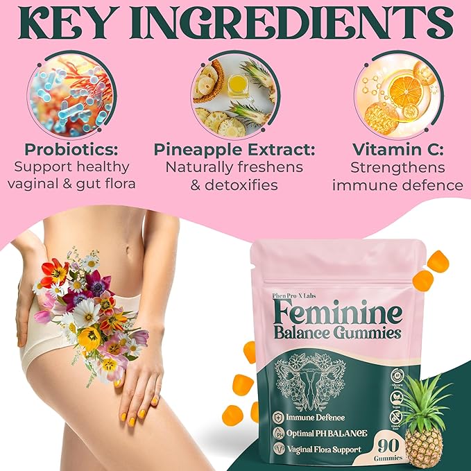 Premium Feminine Balance Gummies for Women’s - Hawaiian Pineapple Gummies for Women pH, 4-in-1 Benefits Includes pH Balance, Healthy Odor, Flora and Immune Support -90 Count (Vegan & Gluten-Free)