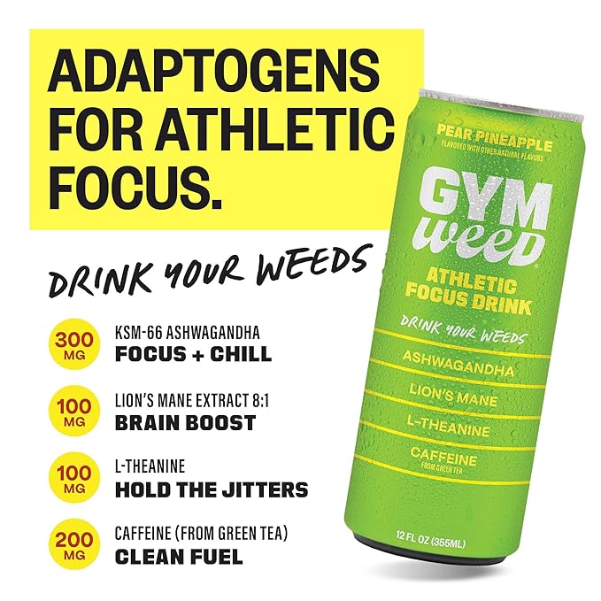 GYM WEED Athletic Focus Drink with KSM-66 Ashwagandha, Lion's Mane Mushroom, L-Theanine, 200mg Green Tea Caffeine with Natural Sweeteners Pear Pineapple Flavor, 12 Pack