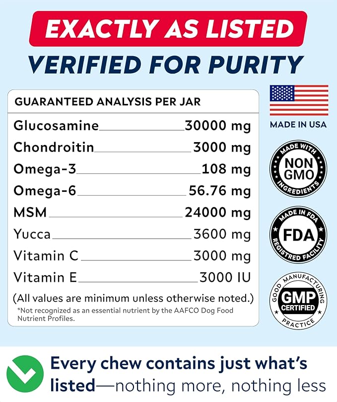 Hip & Joint Glucosamine Supplement Treats for Dogs - Chondroitin, Omega-3, MSM - Advanced Joint Health Support Chews for Large Breed - Pain Relief - Bacon Flavor - 120 Ct - Made in USA