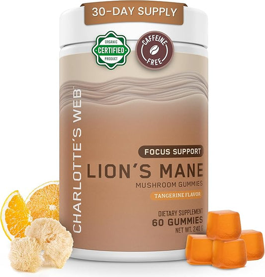 Charlotte's Web Focus Support Mushroom Gummies for Focus and Energy w/Lion’s Mane, Natural Cognitive Support Lions Mane Gummies for Adults — Tangerine Flavor (30 Servings)
