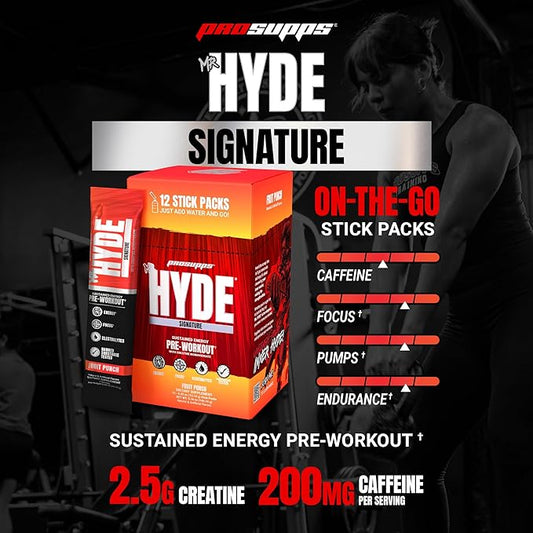 PROSUPPS Mr. Hyde Signature Pre Workout Drink Mix- Performance, Energy & Endurance with Creatine, Beta Alanine & Caffeine - Clean Gym Supplements for Men & Women (Fruit Punch, 12 On-The-Go Packets)