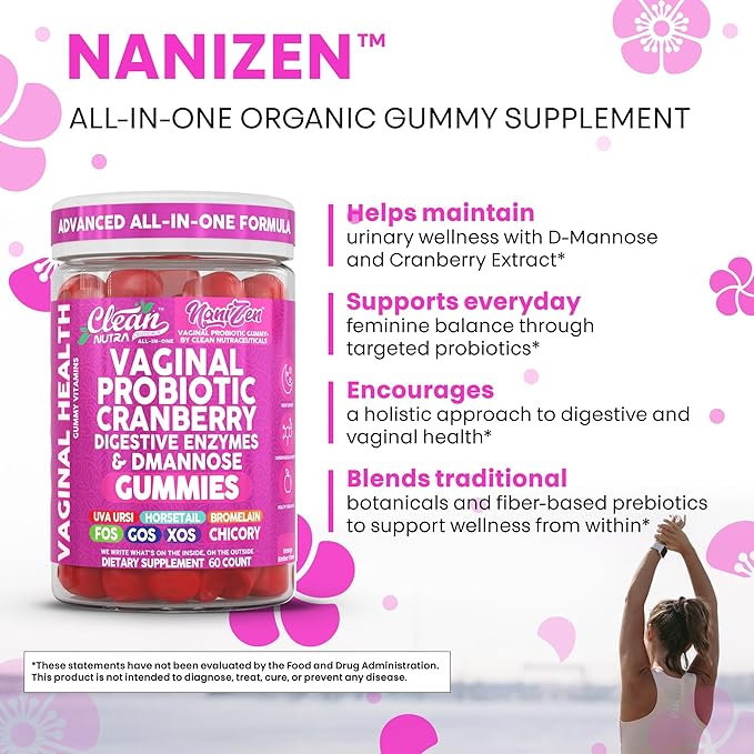 Clean Nutra Vaginal Probiotic Gummies for Women Cranberry Digestive Enzymes D Mannose Womens Probiotic Dmannose Horsetail Bromelain Chicory Fiber Feminine Care Prebiotics Inulin Papaya Enzyme Gummy