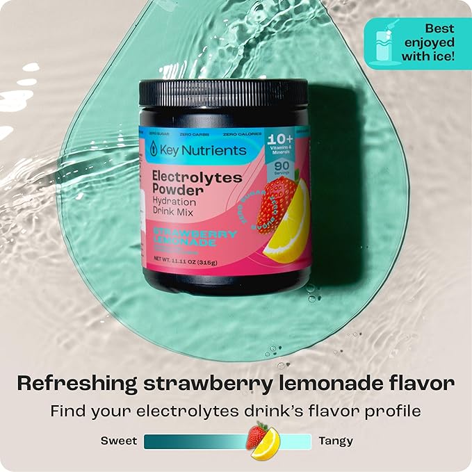 KEY NUTRIENTS Electrolytes Powder No Sugar - Juicy Strawberry Lemonade Electrolyte Powder - Hydration Powder - No Calories, Gluten Free Keto Electrolytes Powder - 90 Servings - Made in USA