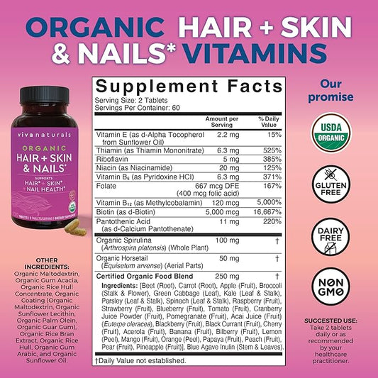 Hair Skin Nails Vitamins for Women - Vegetarian-Friendly Organic Vitamins for Hair Skin and Nail Health Support with Vitamin E & Biotin 5000 mcg to Help Produce Keratin - 120 Tablets
