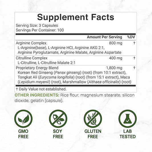Nitric Oxide Booster 3,000mg Per Serving, 300 Capsules – 12 in 1 Nitric Oxide Supplement – Arginine & Citrulline Complex with Energy Blend – Marshmallow Root – Promotes Nutrient Flow to Muscles&Heart