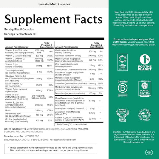 Needed. Multivitamin with Choline Capsules for Prenatal, Pregnancy, Breastfeeding, Postpartum | Expertly-Formulated & Third-Party Tested| 30-Day Supply