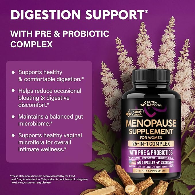 Menopause Supplements for Women - Dong Quai, Black Cohosh, Pre & Probiotics - Sweats & Hot Flashes Relief - Digestion, Sleep & Mood Support - 25-in-1 Perimenopause Complex - Made in USA - 60 Capsules