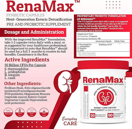 Capsule Kidney Restores & Kidney Care Supplement - Probiotic & Prebiotic Supplement to Support Normal Kidney Function - 50 Billion CFU per Capsule - Made in U.S.A (180 Caps (2 Pack))