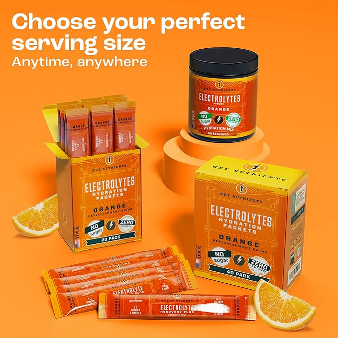 KEY NUTRIENTS Electrolytes Powder Packets - Tangy Orange 40 Pack Hydration Packets - Travel Hydration Powder - Made in USA - No Sugar, No Calories, Gluten Free