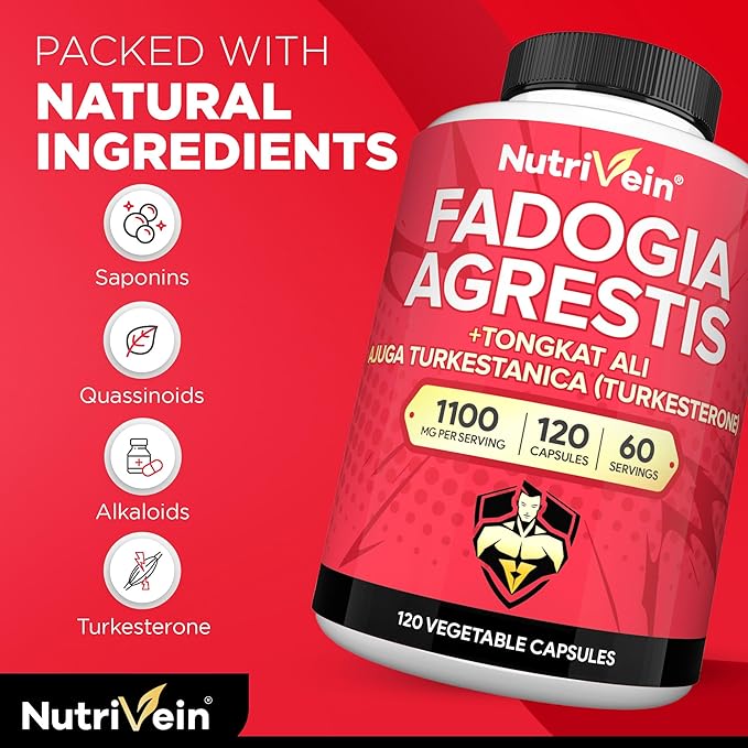 Nutrivein Premium Fadogia Agrestis and Tongkat Ali Supplement with Turkesterone - 1100 mg - 120 Capsules - Synergistic Blend for Performance, Strength, & Recovery