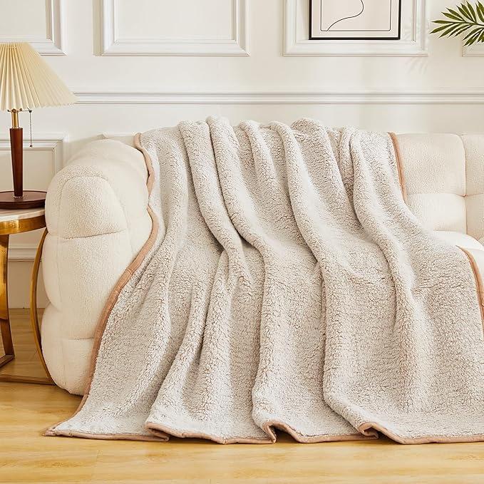 EMME Fuzzy Blanket Soft Fleece Throw Blankets for Women, Fluffy Sherpa Throws(Plush Khaki,90"x90")