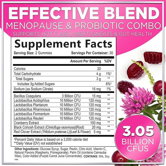 Menopause Supplements for Women Gummies with Black Cohosh, Cranberry 3 Billion CFU Probiotics - Complete Menopause Balance Relief for Hot Flashes, Night Sweats, PH, Vaginal Health Support - 60 Gummies