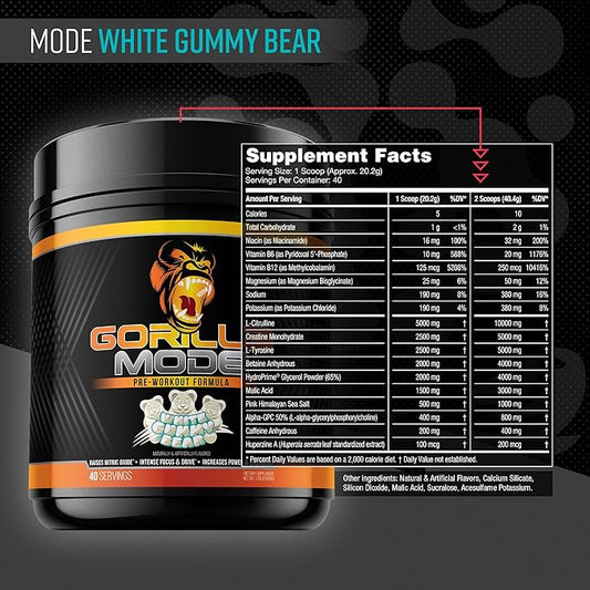 Gorilla Mind Pre Workout - Massive Pumps Laser Focus Energy Power - L-Citrulline, Creatine, L-Tyrosine, Betaine, Hydroprime, Alpha-GPC, 400mg Caffeine, Huperzine A 808g (White Gummy Bear)