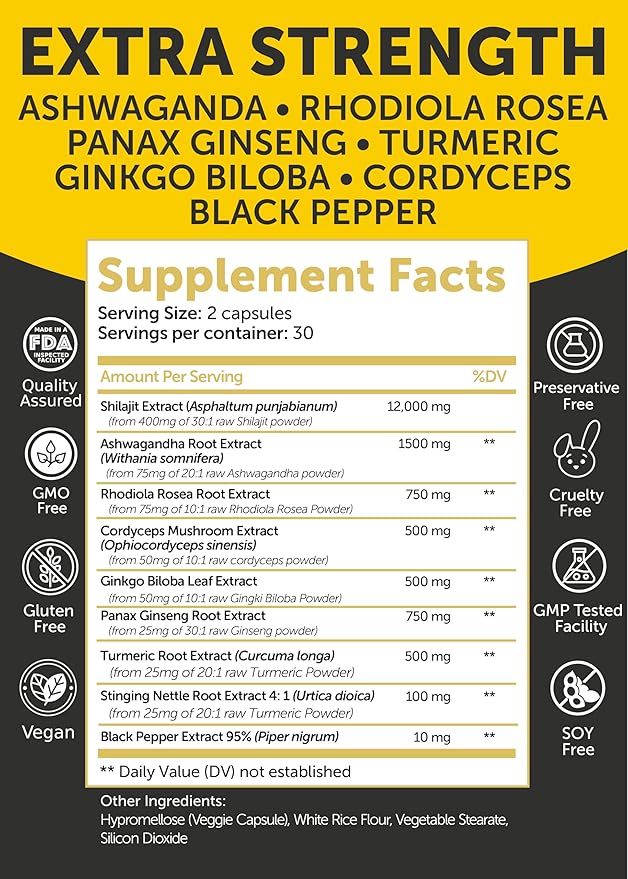 Lunakai USA Made Pure Shilajit Capsules with Ashwagandha, Rhodiola & Cordyceps - Extra Strength Shilajit Extract for Men & Women, 60ct