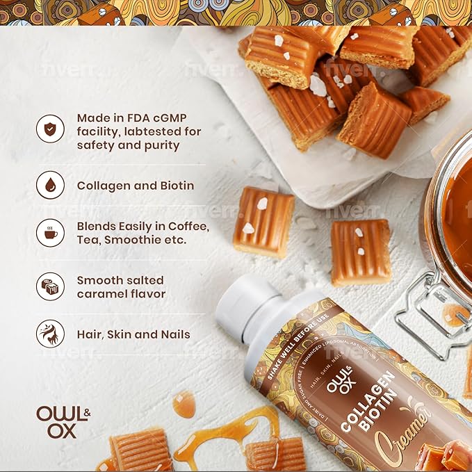 Collagen Coffee Creamer by Owl & Ox – Biotin-Infused for Healthy Hair, Skin & Nails | Keto, Dairy-Free, Sugar-Free, Gluten-Free | Liquid Salted Caramel | 30 Servings