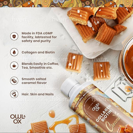 Collagen Coffee Creamer by Owl & Ox – Biotin-Infused for Healthy Hair, Skin & Nails | Keto, Dairy-Free, Sugar-Free, Gluten-Free | Liquid Salted Caramel | 30 Servings