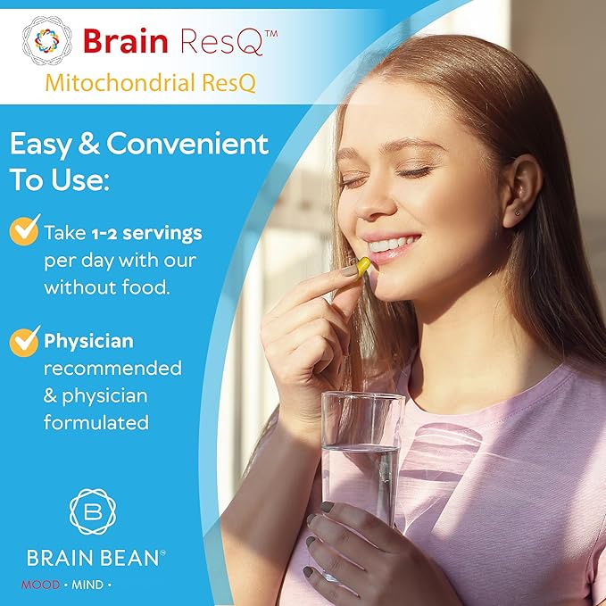 Brain ResQ Advanced Mitochondrial Formula with PQQ, CoQ10, Trans Resveratrol, MenaQ7 & Quercetin Supplement - 100mg of CoQ10 & 15mg PQQ – Supports Brain, Heart & Cellular Health – 60 Capsules