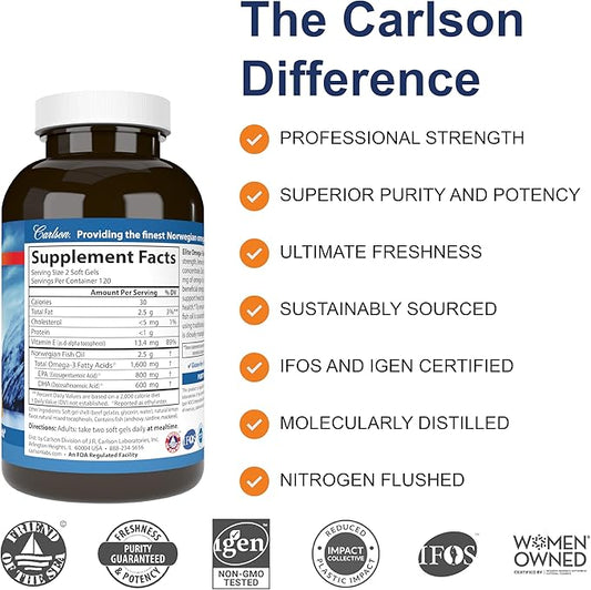 Carlson Elite Omega-3 Gems, 1600 mg Omega-3 with EPA & DHA, Lemon Flavor, 240 Softgels – Wild-Caught Norwegian Fish Oil, Sustainably Sourced