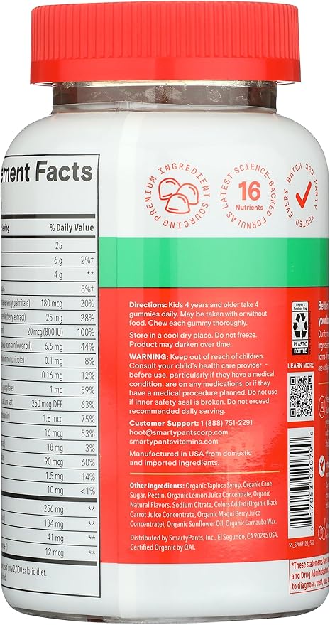 SmartyPants Organic Kids Multivitamin Gummies: Probiotics, Omega 3 (ALA), Vitamin D3, C, Vitamin B12, B6, A, K & Zinc for Immune Support, Biotin, Three Fruit Flavors, 120 Count (30 Day Supply)