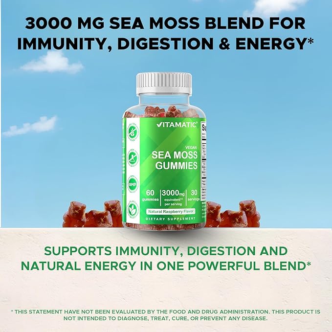 Vitamatic Irish Sea Moss Gummies – 3000mg Equivalent Per Serving (from Extract 132.5mg) – 60 Ct Made with Bladderwrack & Burdock Root – Seamoss Supplement for Thyroid, Energy & Immune Support