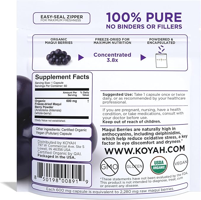 KOYAH Organic Maqui Berry Capsules - Freeze-Dried, Whole-Berry, 600 mg, Vegan, Gluten-Free, Non-GMO. Eye Health Support. Antioxidant Support. 60 Capsules