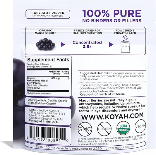 KOYAH Organic Maqui Berry Capsules - Freeze-Dried, Whole-Berry, 600 mg, Vegan, Gluten-Free, Non-GMO. Eye Health Support. Antioxidant Support. 60 Capsules