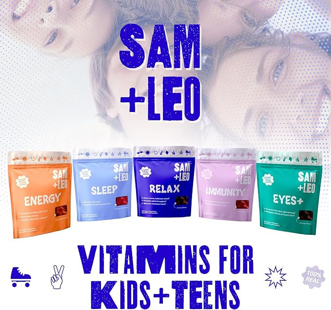 SAM+LEO Relax - All Natural & Vegan Calm and Relaxation Gummies for Teens and Kids with Ashwagandha, Vitamin D2, and Zinc - Cherry Flavored - 60/ct