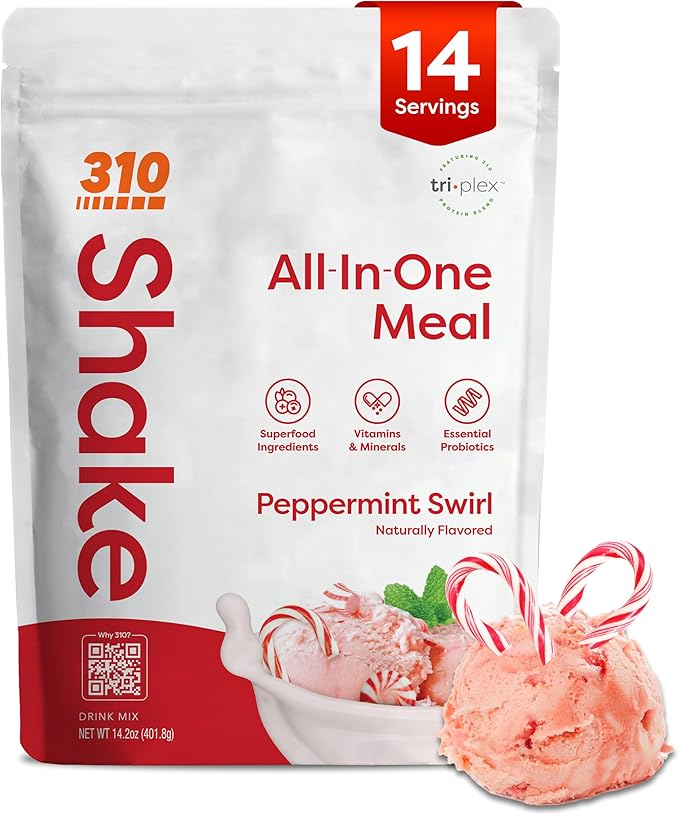310 Nutrition All-In-One Meal Replacement Shake Powder - Plant-Based Protein Smoothie Blend w/High Fiber, Probiotics & Adaptogens - Low Carb, Vegan, Keto & Paleo Friendly - Peppermint Swirl - 14 Srv