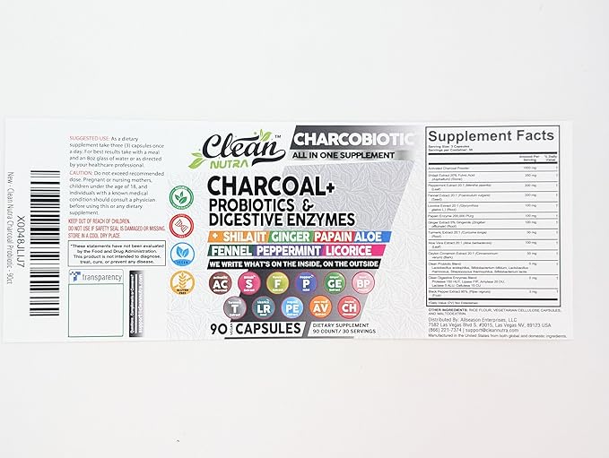 Clean Nutra Activated Charcoal Capsules Shilajit Pills Probiotic Digestive Enzymes for Digestive Health with Peppermint Fennel Licorice Papain Ginger Turmeric | Gut Health