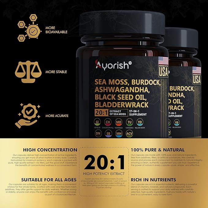 Sea Moss Capsule 30:1 High Strength 6000mg Equivalent Per Servings, Black Seed Oil Ashwagandha Ginger Capsules, Turmeric, Moringa, Bladderwrack, Burdock Root, Manuka Honey, Cinnamon 120 Count
