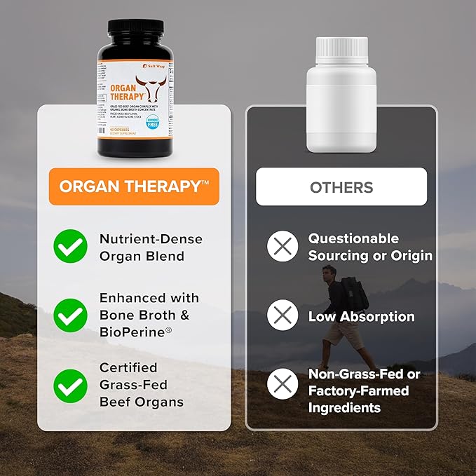 SaltWrap Organ Therapy - Grass Fed Beef Organ Meat Complex Supplement with Organic Bone Broth Concentrate (Beef Liver, Heart, Kidney and Bone Broth Capsules with BioPerine) Desiccated, 90 Capsules